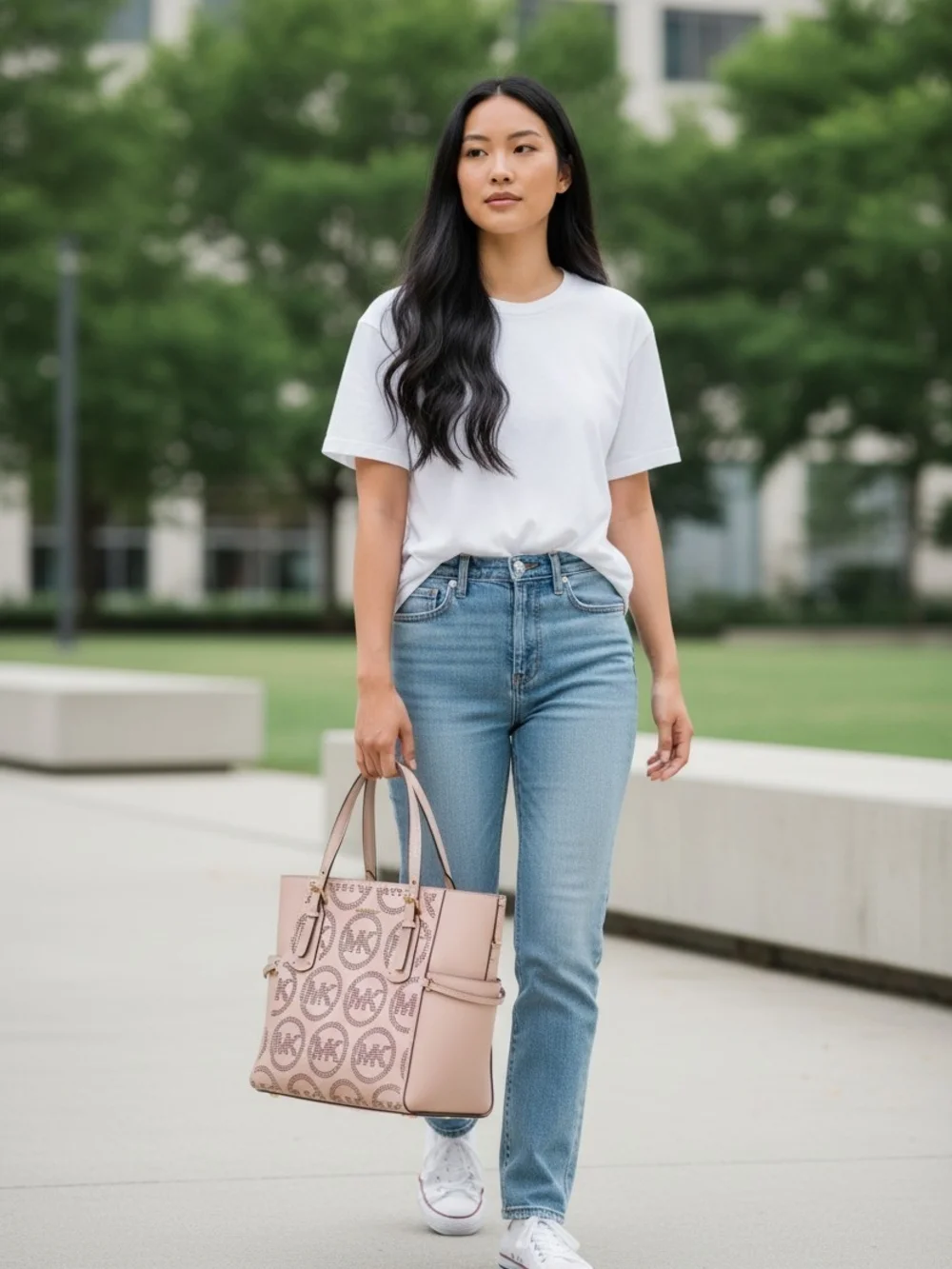 Michael Kors MK Logo Perforated Pink Blush Tote Shoulder Bag Gold Hardware
